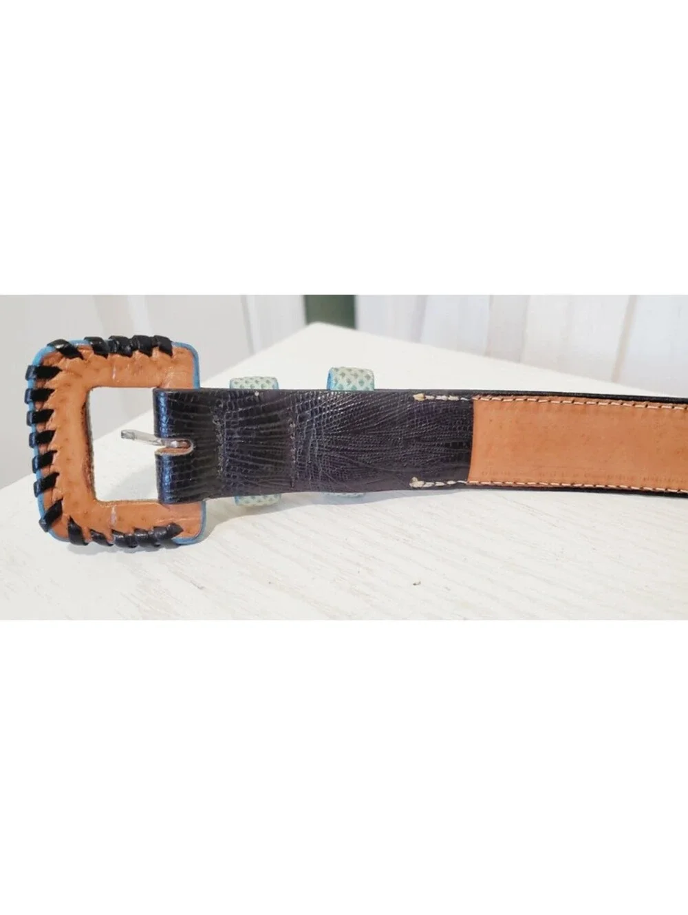 Medium Fred Coen Black Aqua Snakeskin Embossed Leather Western Belt Womens 36in